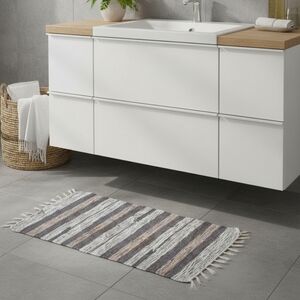 Rustic Woven Rag Rug 17x33 Farmhouse Primitive Striped Accent Mat Neutral Decor